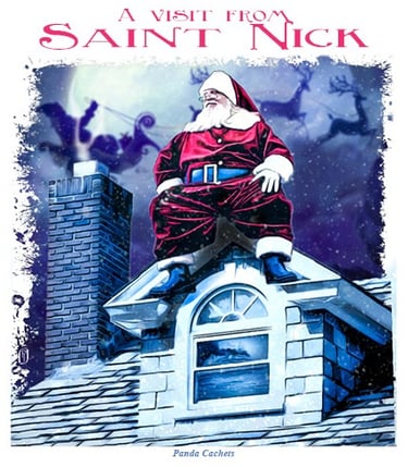 Cachet illustration of Santa Claus sitting on a roof top