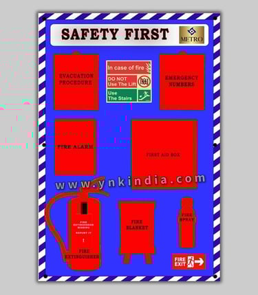 Fire safety shadow board in factory setting with fire alarm and safety protocols