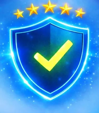 Blue shield with green checkmark and five gold stars surrounded by a blue glow premium secure verified protection