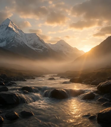 a mountain stream running through a valley with a mountain in the background