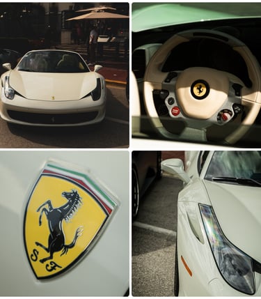 White Ferrari 458 Spider luxury convertible showing exterior details, leather steering wheel, and iconic logo.
