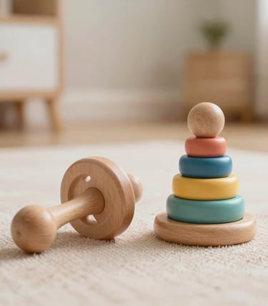 A beautifully crafted wooden baby toy set, including a rattle and stacking rings, resting on a soft pastel-colored fabric. Low-angle close-up photography, elegant soft lighting, warm nurturing atmosphere with a blurred home background.