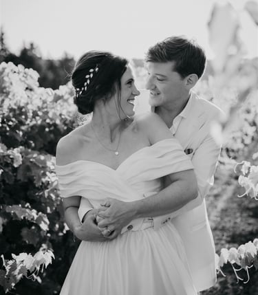 Black and white photo of bride and groom in vineyard — fine art wedding photography South of France