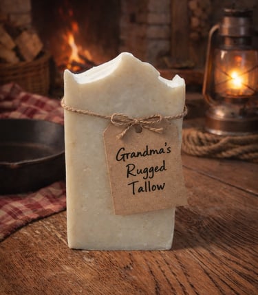 Handmade organic tallow soap bar with a rustic twine label on a wooden table by a cozy fireplace.