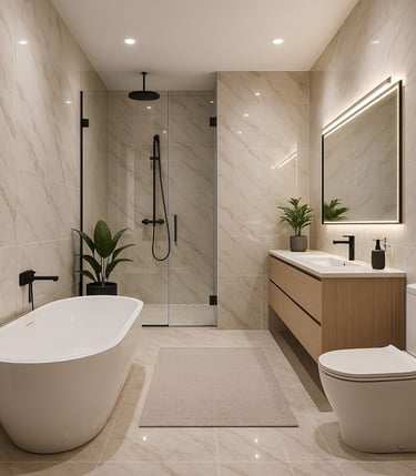 Vista de baño renovado con ducha de obra, iluminación perimetral y acabados en mármol claro.