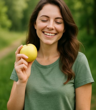 Pessoa segurando maçã amarela madura em ambiente natural com camiseta verde com gestos suaves