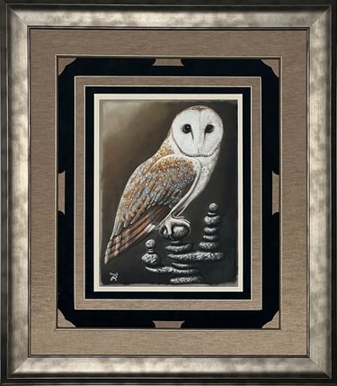 Framed barn owl painting perched on stacked stones, fine art wildlife frame