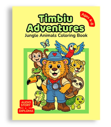 Bright yellow children’s coloring book Timbiu Adventures: Jungle Animals with cartoon lion Timbiu.