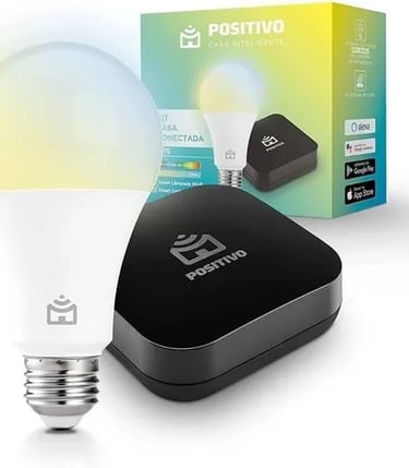 Positivo smart home kit with WiFi light bulb, hub controller, and product packaging.