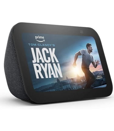 Black Amazon Echo Show smart display playing Tom Clancy's Jack Ryan on Prime Video.