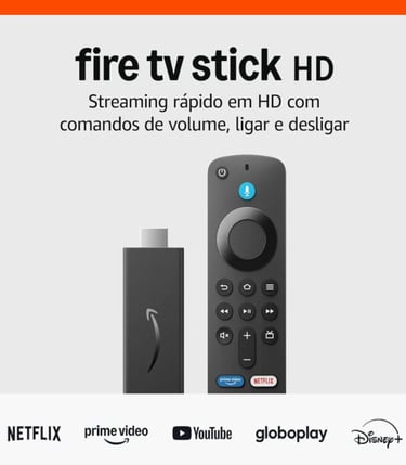 Amazon Fire TV Stick HD streaming device with Alexa Voice Remote and popular app logos.