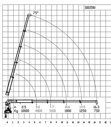 Schematic diagram of an 10 tonne telescopic boom crane with crane jib, working radius 16.3m, showing its parameters.