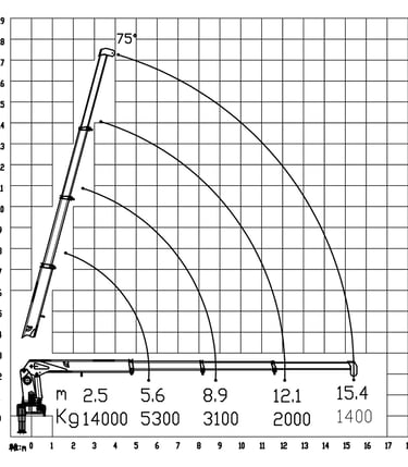 Diagram of a 14 ton telescopic boom crane with a crane arm, showcasing its parameters.