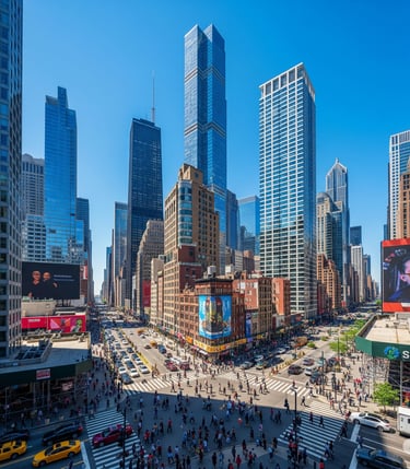 a city street scene with a lot of people walking around in USA