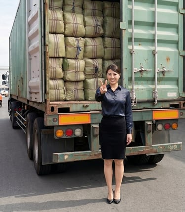 international business partner standing behind a container of dried Gracilaria seaweed, Indonesia