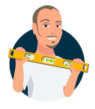 Cartoon graphic image of Cyd holding a level