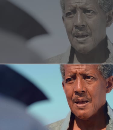 Side-by-side comparison of a senior man showing professional cinematic color grading before and after effects.