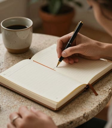 Close-up photography of a woman gently writing in an elegant planner next to a ceramic cup on a natural stone tablet in a cozy home in Spain / Latin America, warm grounding lighting.