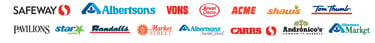 Collection of grocery store logos including Safeway, Albertsons, Vons, Acme, and Jewel-Osco.