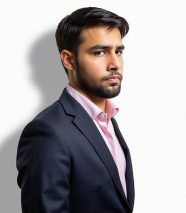 Image of Danish wearing a navy pinstriped suit with a pale pink dress shirt