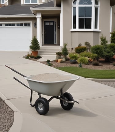 A friendly contractor smoothing fresh concrete on a sunny suburban driveway.