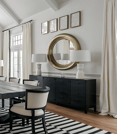 a dining room with a large table and chairs