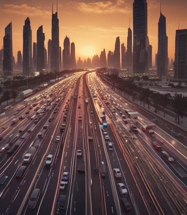 Luxury cars parked with Dubai city skyline in background