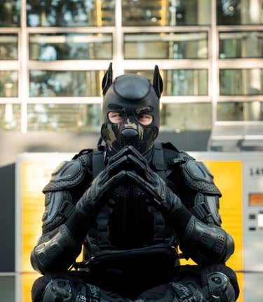 Man sits in contemplation wearing his pup mask.