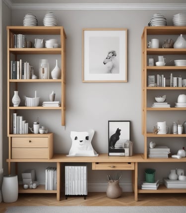 A bright, modern living room featuring a sleek miratino home product artfully placed on a minimalist white shelf.