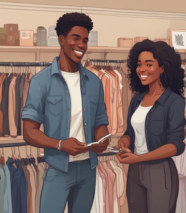 a man and woman standing in a clothing store