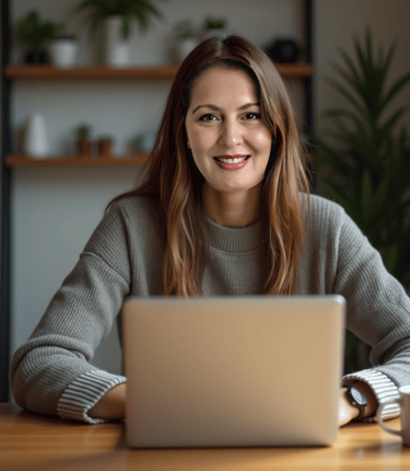 a photo of Sanem Aydın Yayla, working at home in  a casual outfit.
