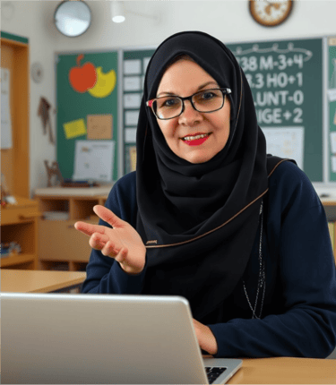 a woman in a black hijab wearing glasses and smiling