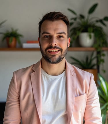 A photo of Nick in an office wearing a pink jacket and white tshirt