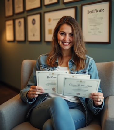 a photo of Sanem Aydın Yayla holding her certificates