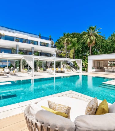 Panoramic view of Villa Serenity showcasing the pool area and surrounding outdoor spaces