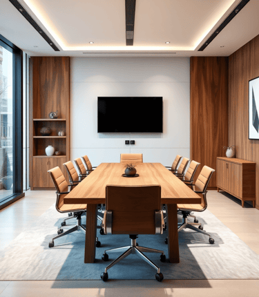 Sala de reuniões moderna e elegante com mesa de madeira, cadeiras de couro, TV na parede e painéis.