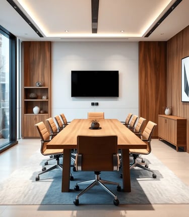 Sala de reunião com mesa tv e cadeiras de couro marrom