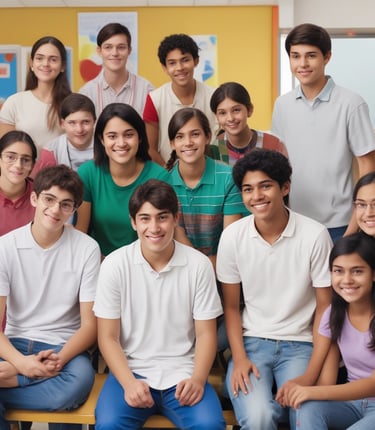 A group of international students sitting on a bench in a classroom.