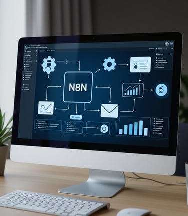 n8n workflow on screen with chatbot and analytics