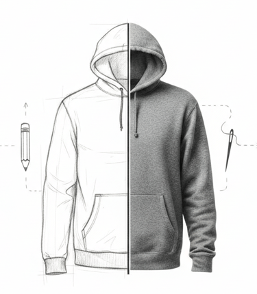 Split-screen image showing a hoodie as a technical sketch and a finished garment.
