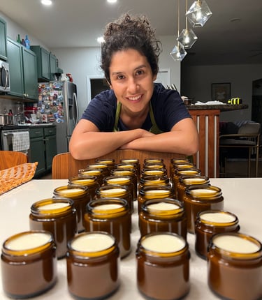 Handcrafted whipped tallow cream in amber glass jars by Vacaluna, natural grass-fed skincare made in small batches.