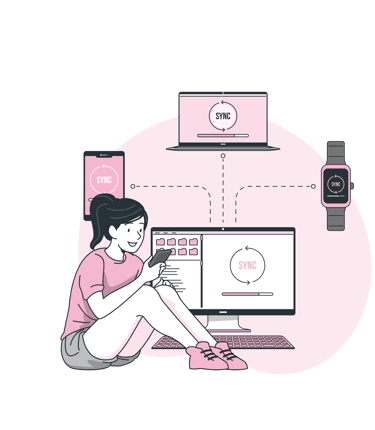 a girl learning how to use her wireless phone, watch, laptop, computer and how to link them together