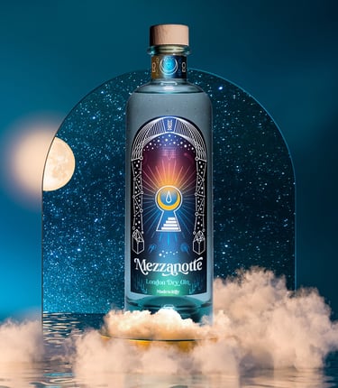 Bottiglia di Gin Mezzanotte su sfondo stellato