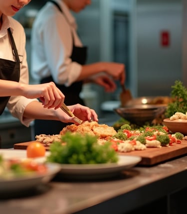 a woman in a chef's uniform is preparing food