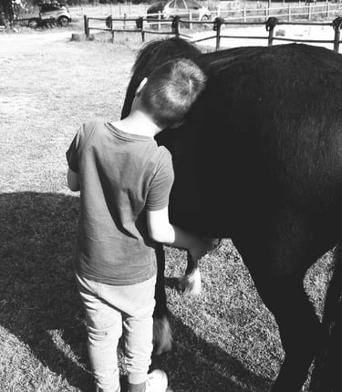 Enfant posant sa tête contre le dos de son poney et mettant sa main sous son ventre