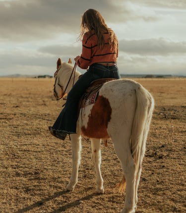 a woman riding a horse in a field