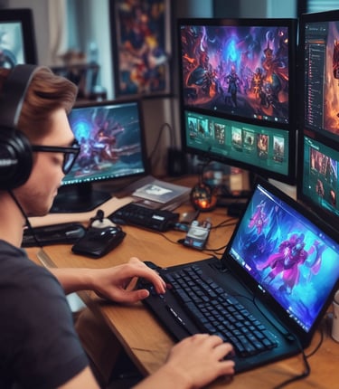 A vibrant scene showing a gamer streaming with a glowing microphone and chat overlay.