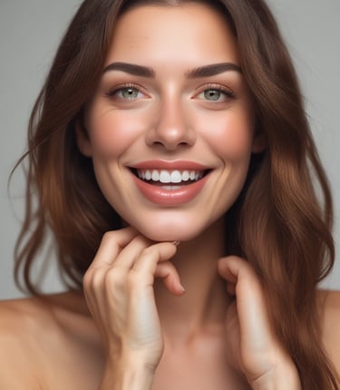 A joyful woman applying natural, clean makeup in soft morning light.