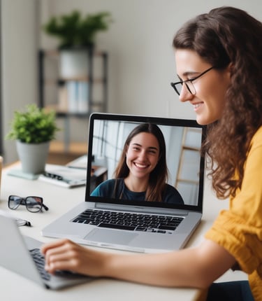 A friendly teacher engaging with students during an online Spanish lesson.