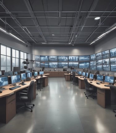 A sleek office environment showcasing advanced network cameras and video surveillance technology in action.